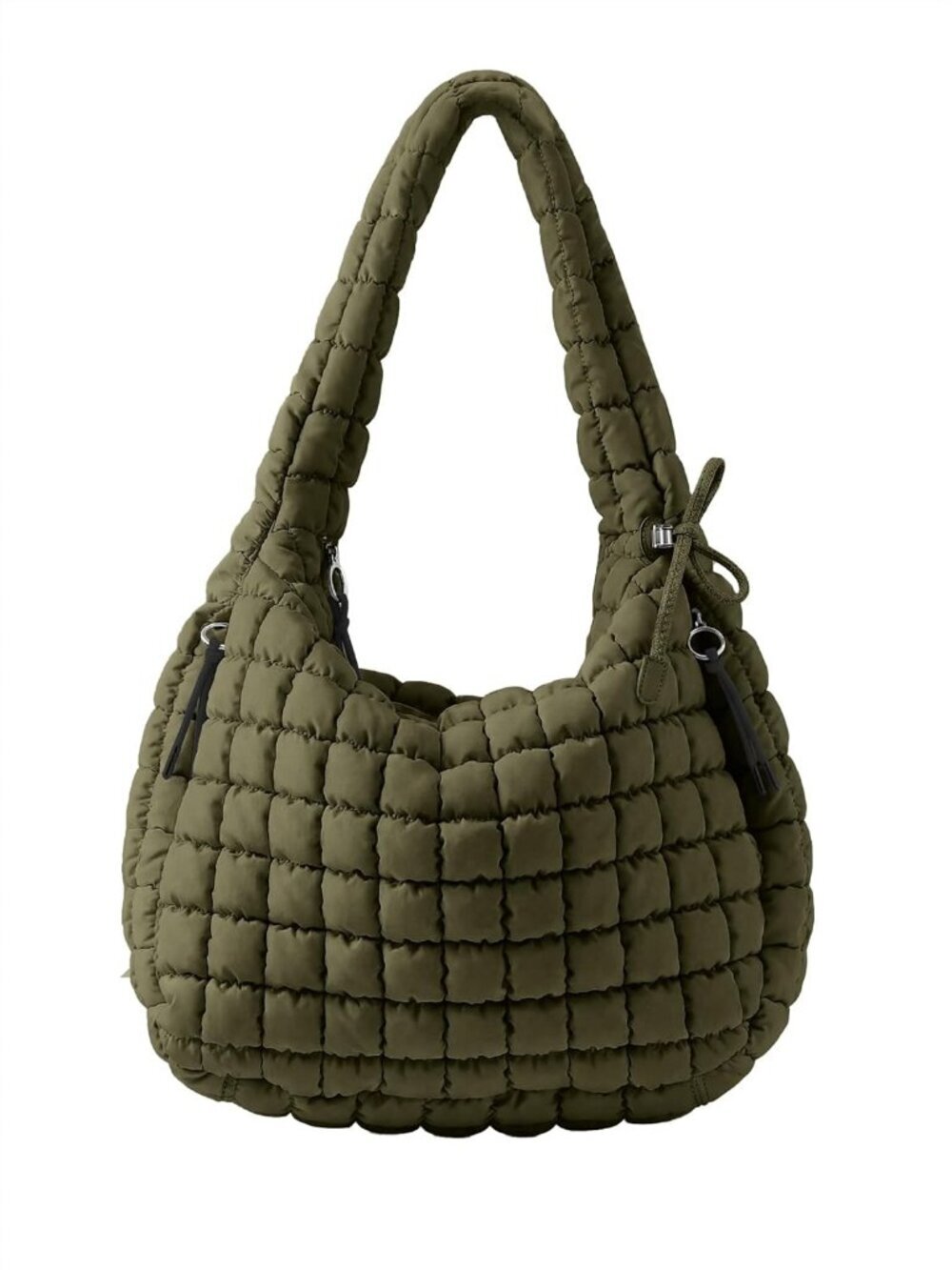 Women Army Green Quilted Tote Puffer Lightweight Zipper Nylon Crossbody Handbag